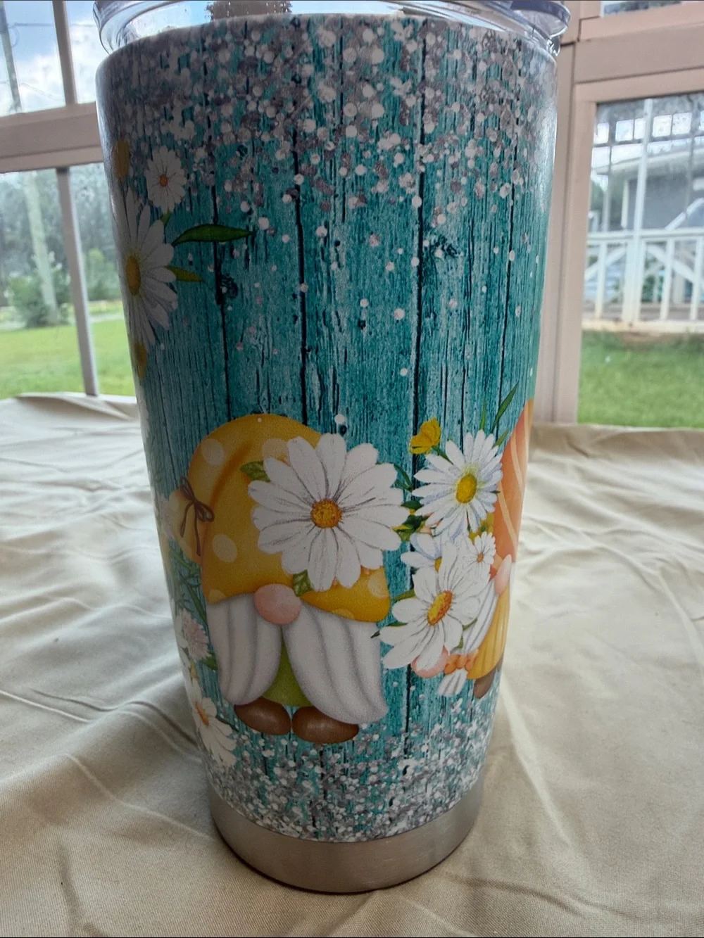 Source Unknown Teal and Yellow Daisy Gnome Travel Tumbler
